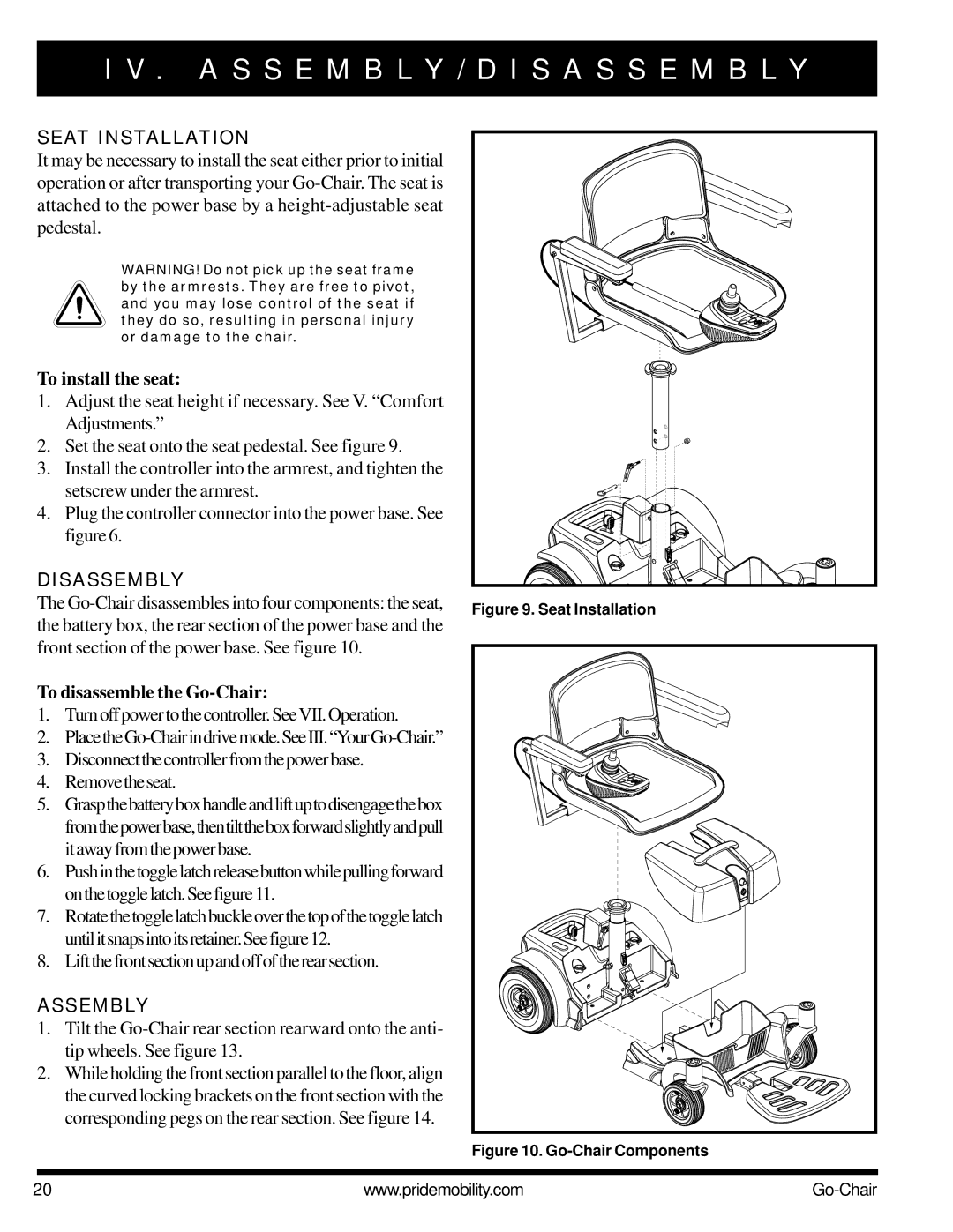 Pride Mobility 1400 owner manual Seat Installation, To install the seat, Disassembly, To disassemble the Go-Chair, Assembly 