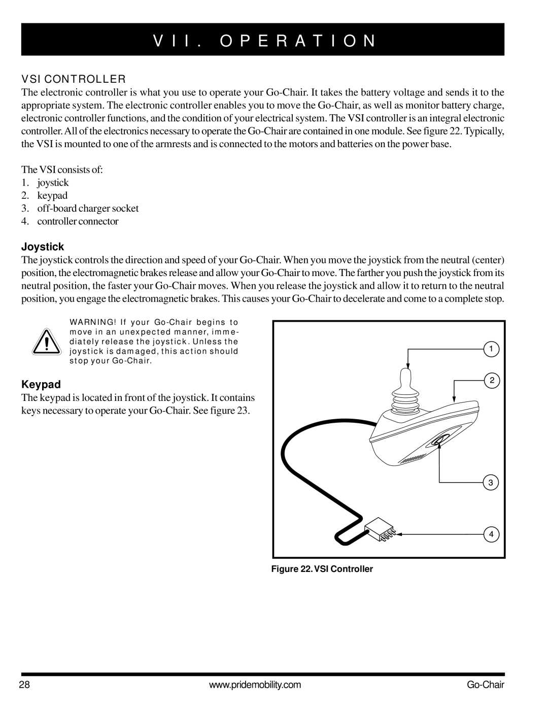 Pride Mobility 1400 owner manual I . O P E R a T I O N, VSI Controller, Joystick, Keypad 