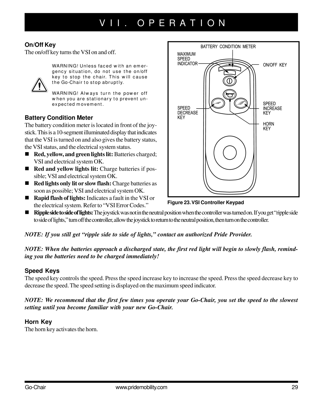 Pride Mobility 1400 owner manual On/Off Key, Battery Condition Meter, Speed Keys, Horn Key 