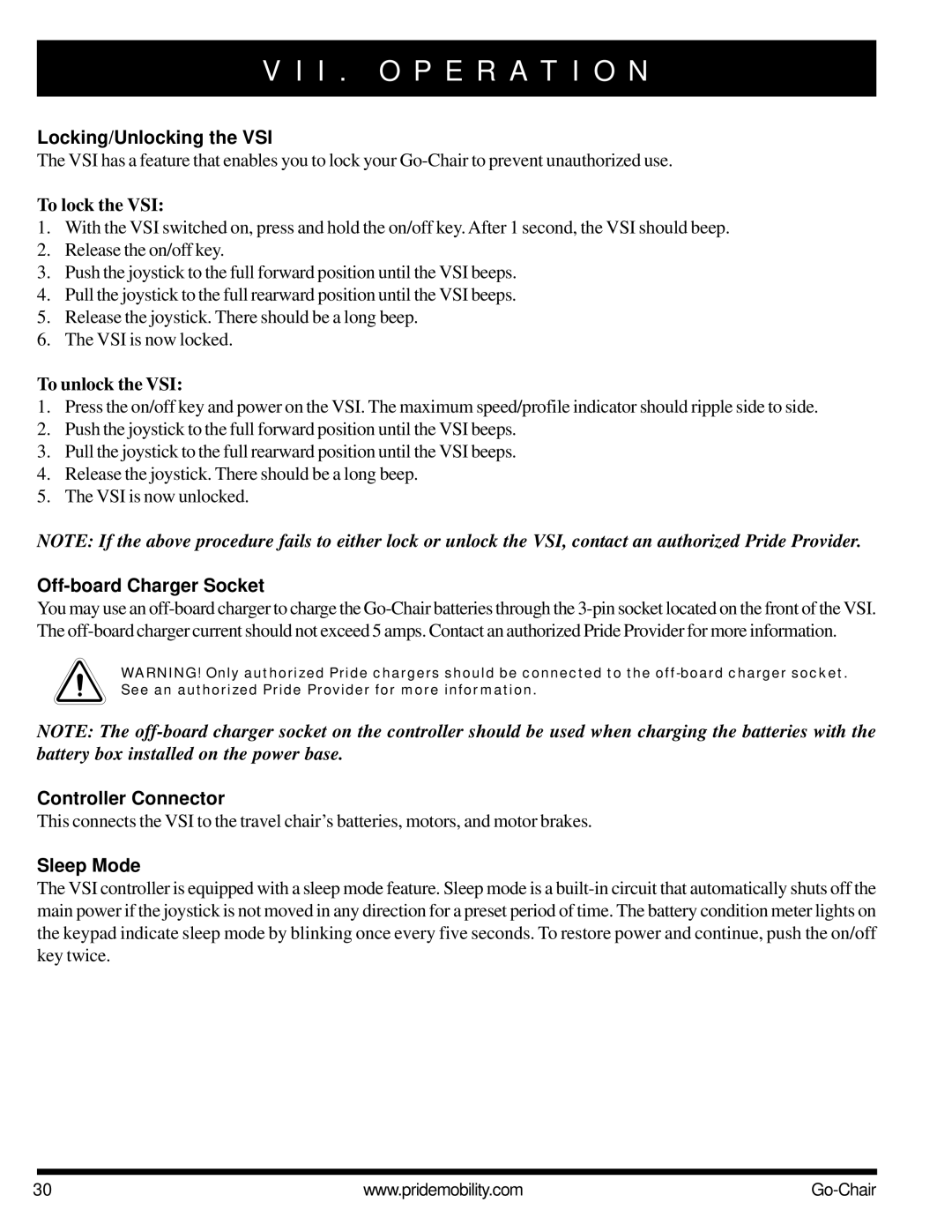 Pride Mobility 1400 owner manual Locking/Unlocking the VSI, Off-board Charger Socket, Controller Connector, Sleep Mode 