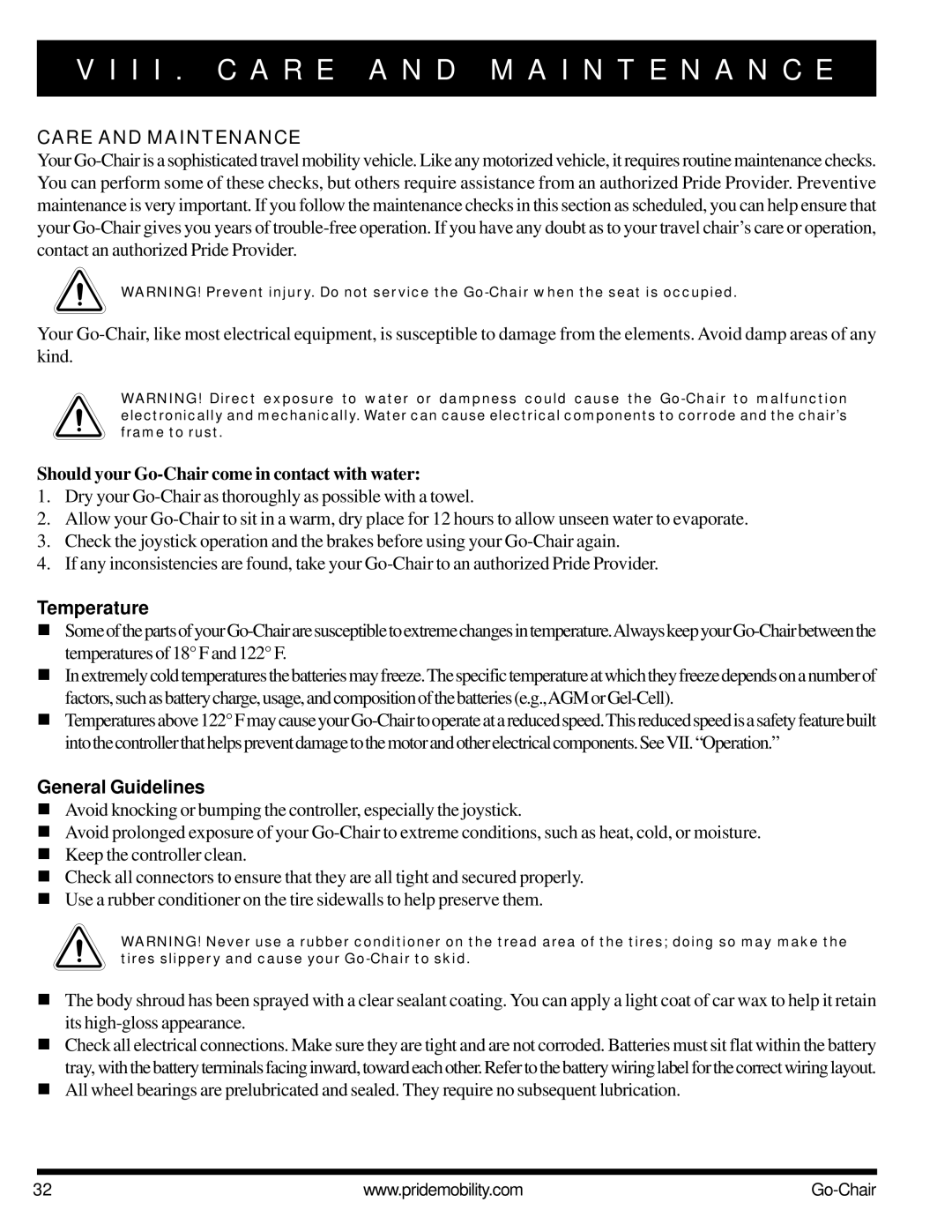 Pride Mobility 1400 I I . C a R E a N D M a I N T E N a N C E, Care and Maintenance, Temperature, General Guidelines 