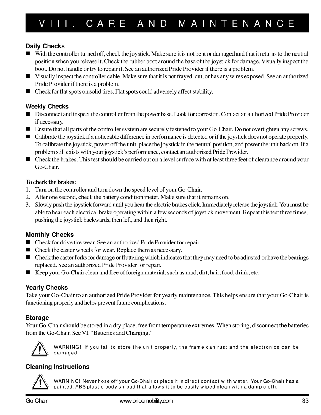 Pride Mobility 1400 owner manual Daily Checks, Weekly Checks, Monthly Checks, Yearly Checks, Storage, Cleaning Instructions 