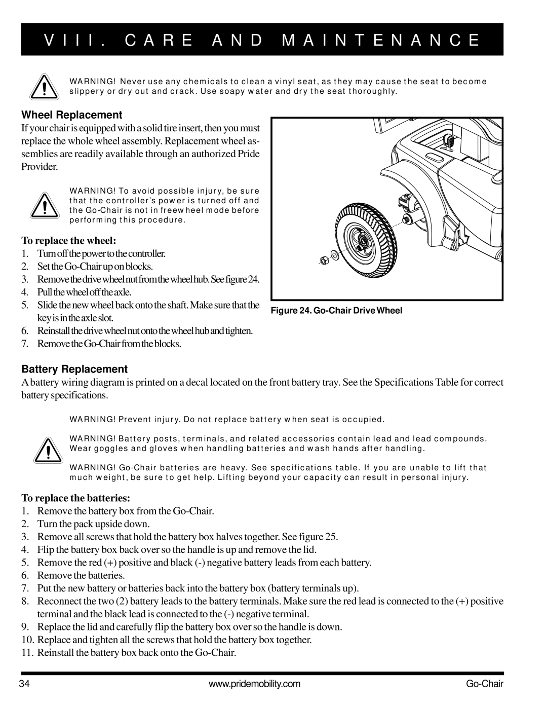 Pride Mobility 1400 owner manual Wheel Replacement, To replace the wheel, Battery Replacement, To replace the batteries 