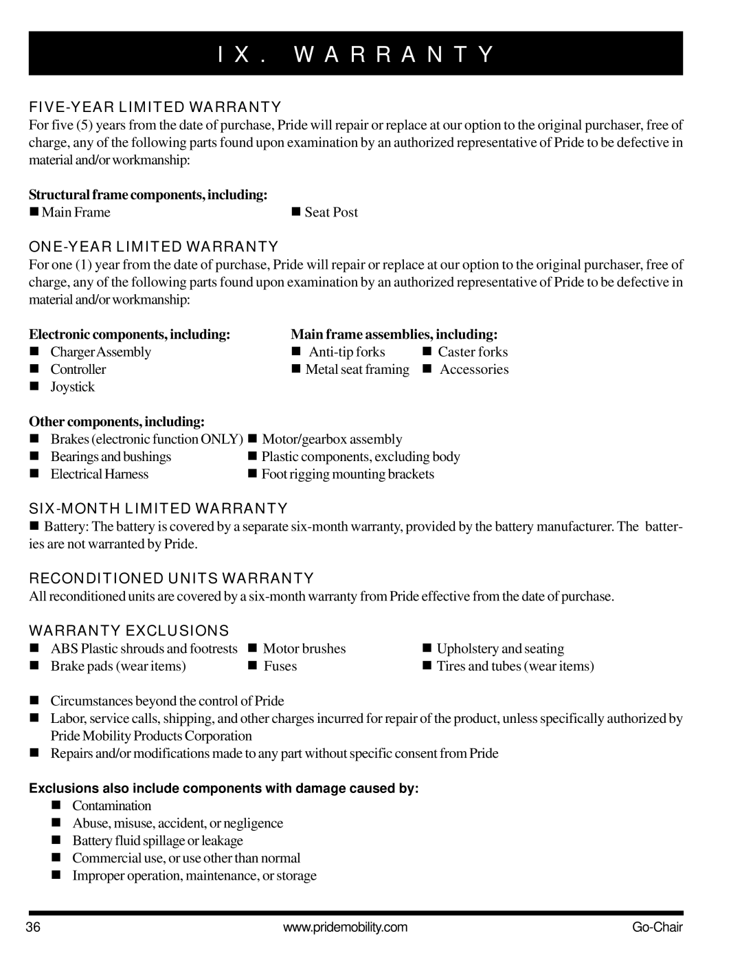 Pride Mobility 1400 owner manual W a R R a N T Y 