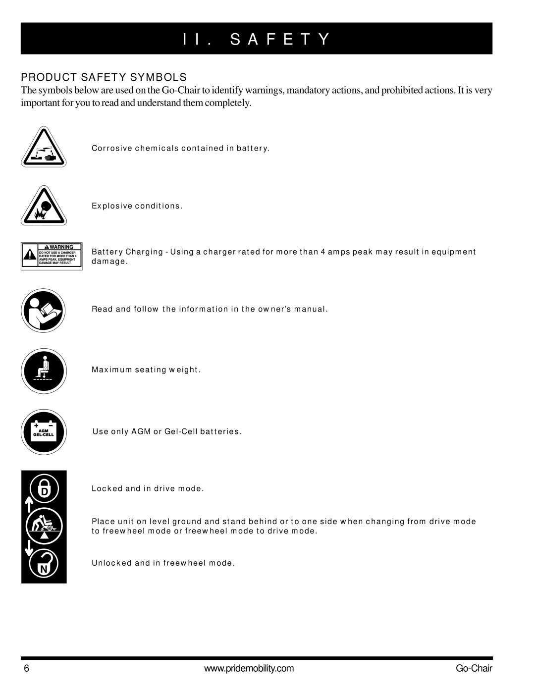 Pride Mobility 1400 owner manual S a F E T Y, Product Safety Symbols 