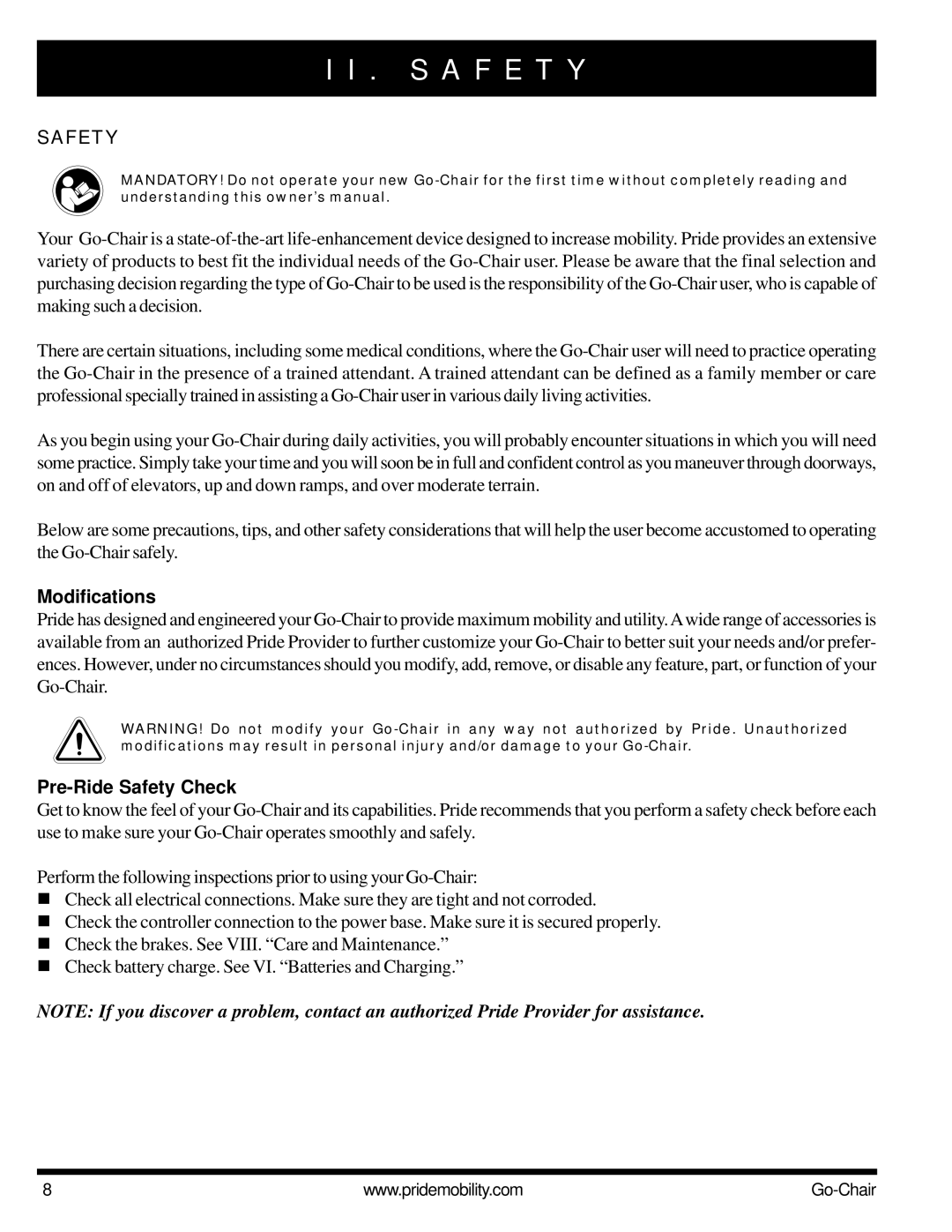 Pride Mobility 1400 owner manual Modifications, Pre-Ride Safety Check 