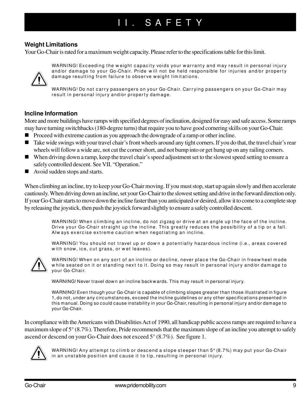 Pride Mobility 1400 owner manual Weight Limitations, Incline Information 