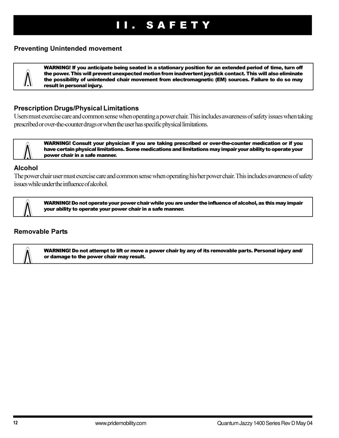 Pride Mobility 1420 manual Alcohol, Removable Parts 