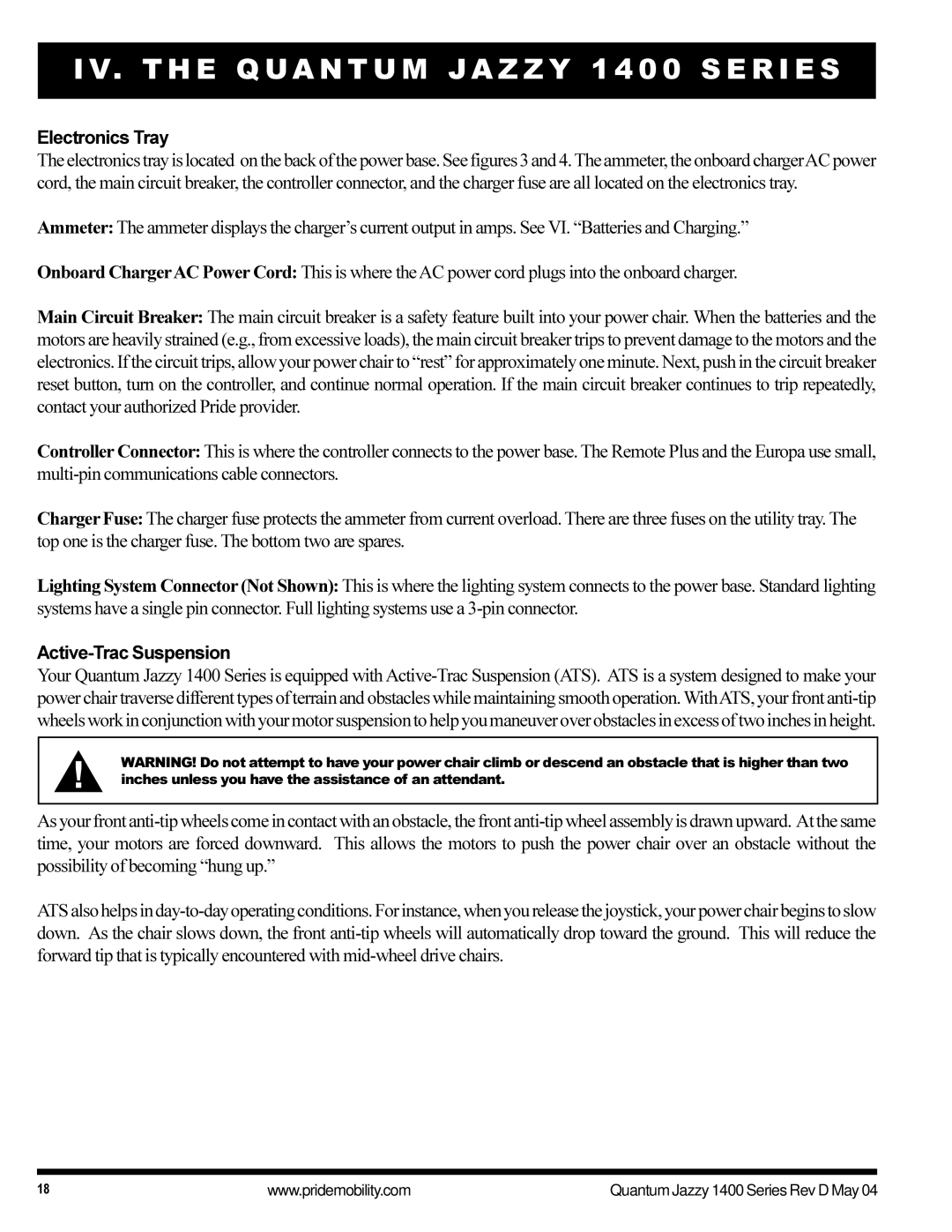 Pride Mobility 1420 manual Electronics Tray, Active-Trac Suspension 