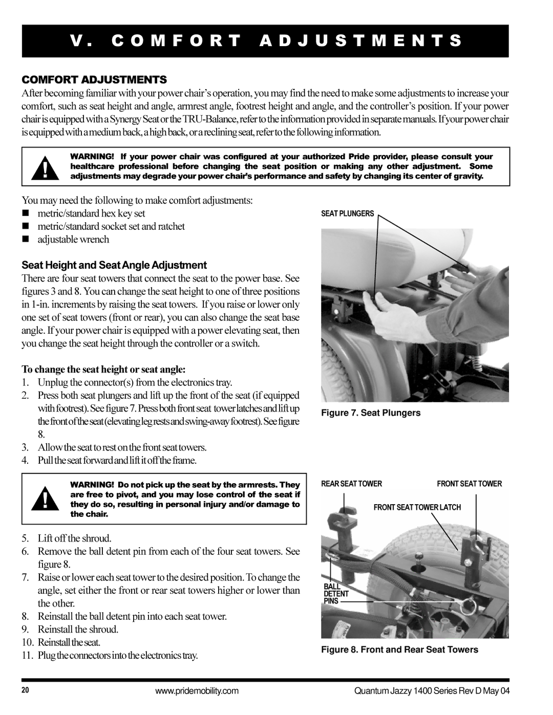 Pride Mobility 1420 manual O M F O R T a D J U S T M E N T S, Seat Height and Seat Angle Adjustment 