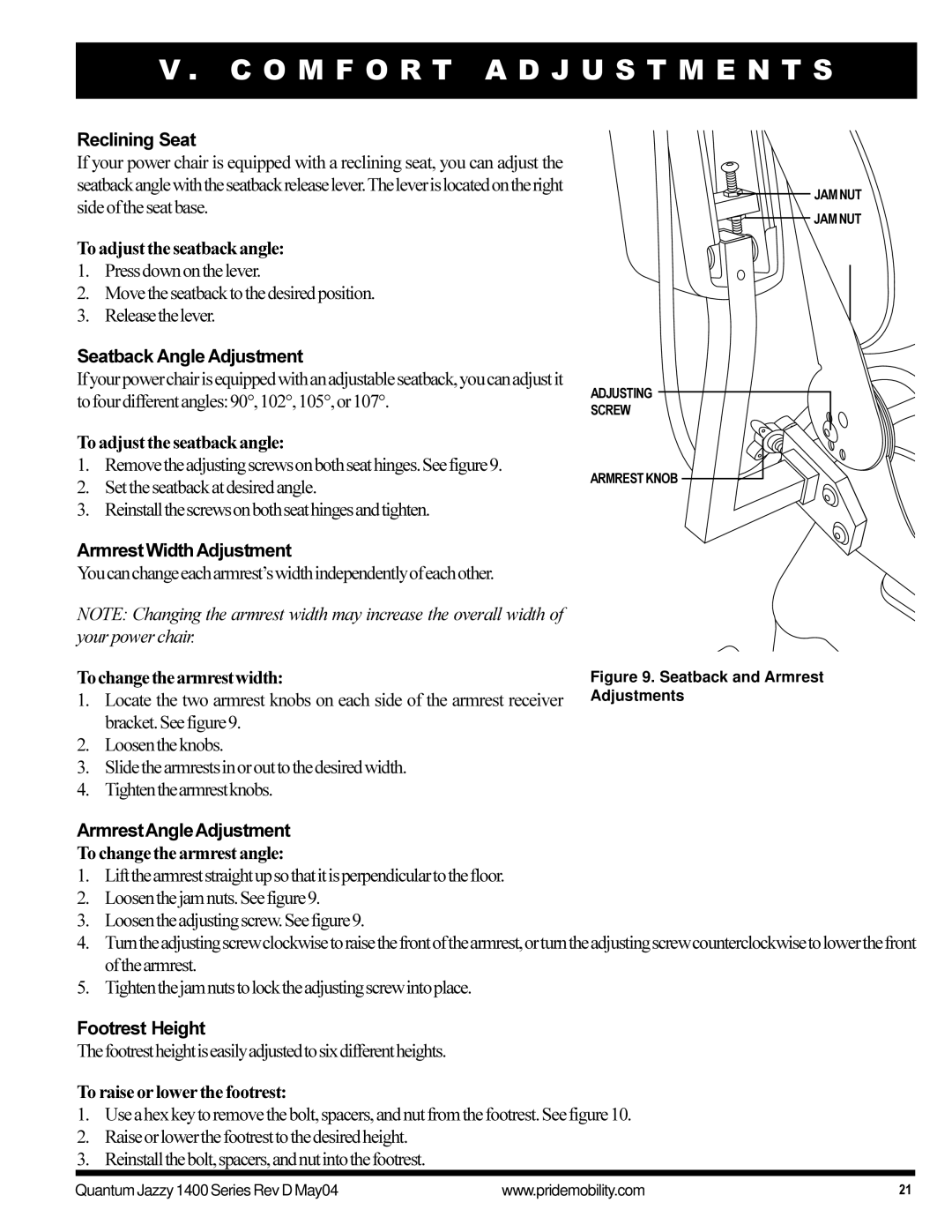 Pride Mobility 1420 manual Reclining Seat, To adjust the seatback angle, Seatback Angle Adjustment, Armrest WidthAdjustment 