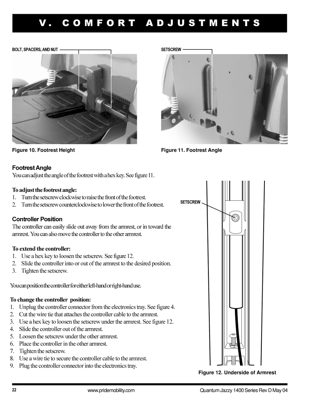 Pride Mobility 1420 manual Footrest Angle, To adjust the footrest angle, Controller Position, To extend the controller 