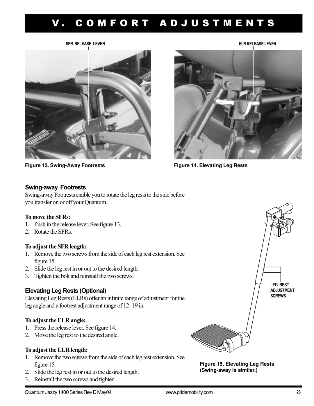 Pride Mobility 1420 manual Swing-away Footrests, To move the SFRs, To adjust the SFR length, Elevating Leg Rests Optional 