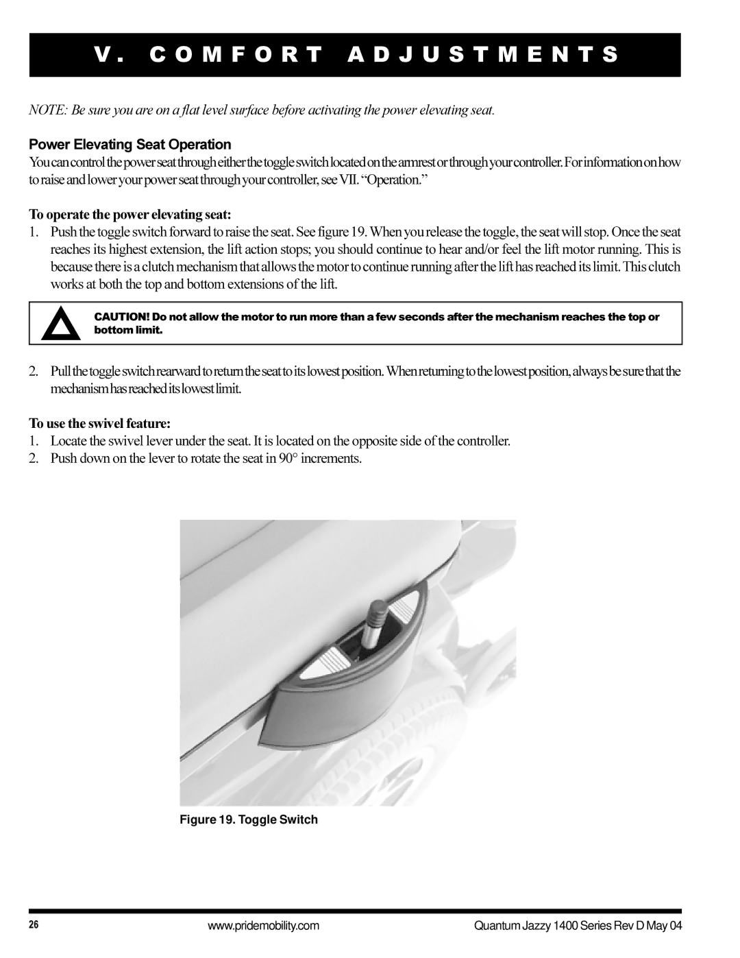 Pride Mobility 1420 manual Power Elevating Seat Operation, To operate the power elevating seat, To use the swivel feature 