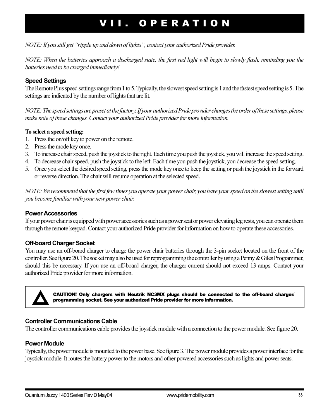 Pride Mobility 1420 Speed Settings, To select a speed setting, Power Accessories, Off-board Charger Socket, Power Module 