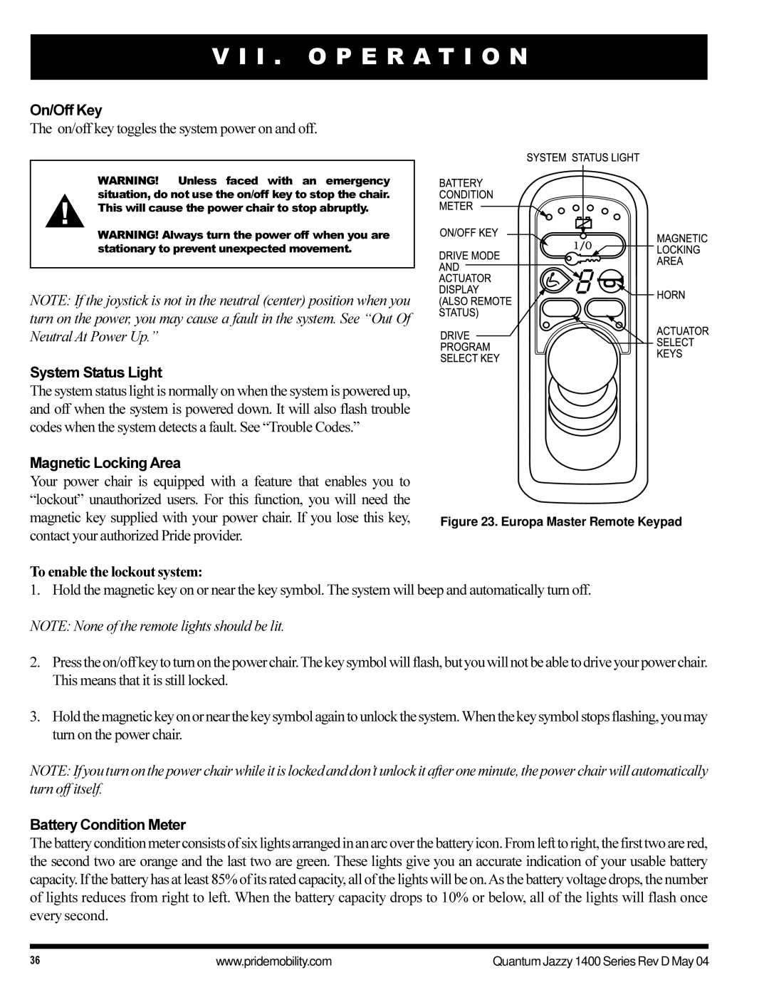 Pride Mobility 1420 On/Off Key, On/off key toggles the system power on and off, System Status Light, Magnetic Locking Area 