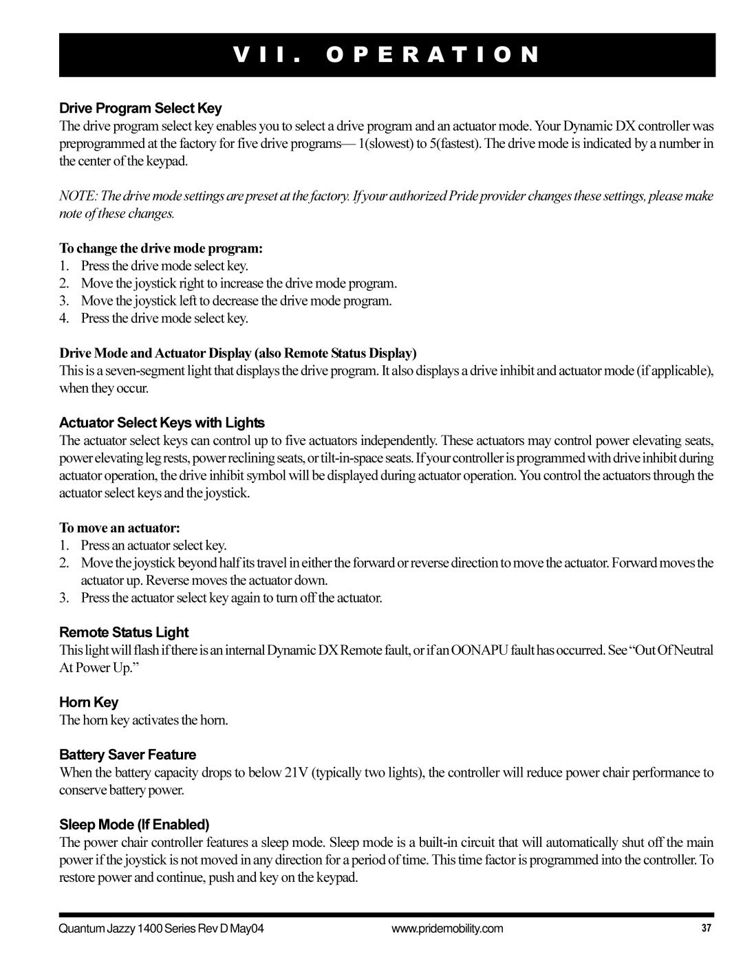 Pride Mobility 1420 manual Drive Program Select Key, To change the drive mode program, Actuator Select Keys with Lights 