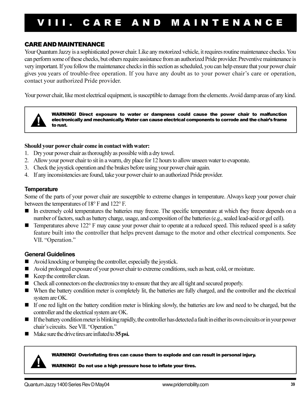 Pride Mobility 1420 manual I I . C a R E a N D M a I N T E N a N C E, Care and Maintenance, Temperature, General Guidelines 