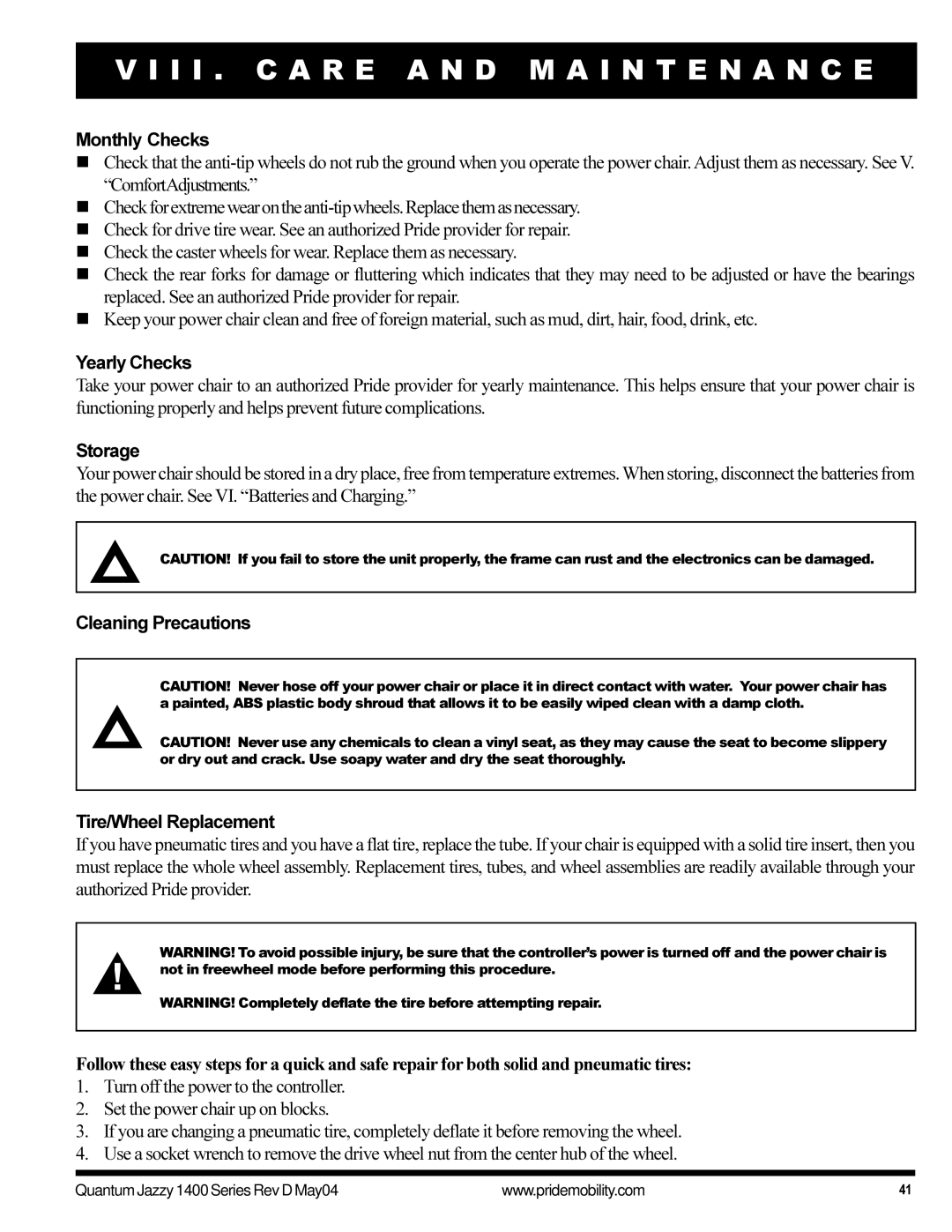 Pride Mobility 1420 manual Monthly Checks, Yearly Checks, Storage, Cleaning Precautions Tire/Wheel Replacement 