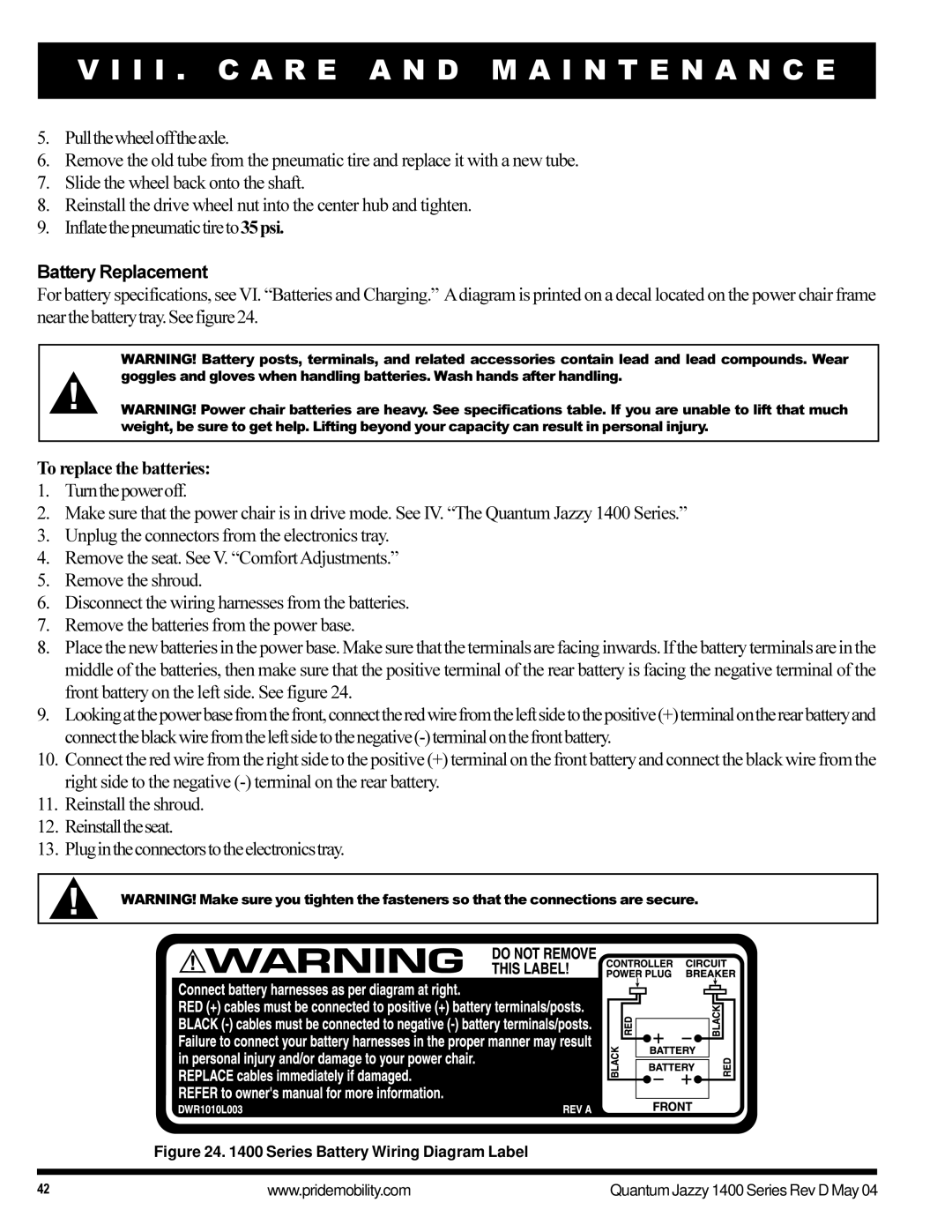 Pride Mobility 1420 manual Battery Replacement, To replace the batteries 