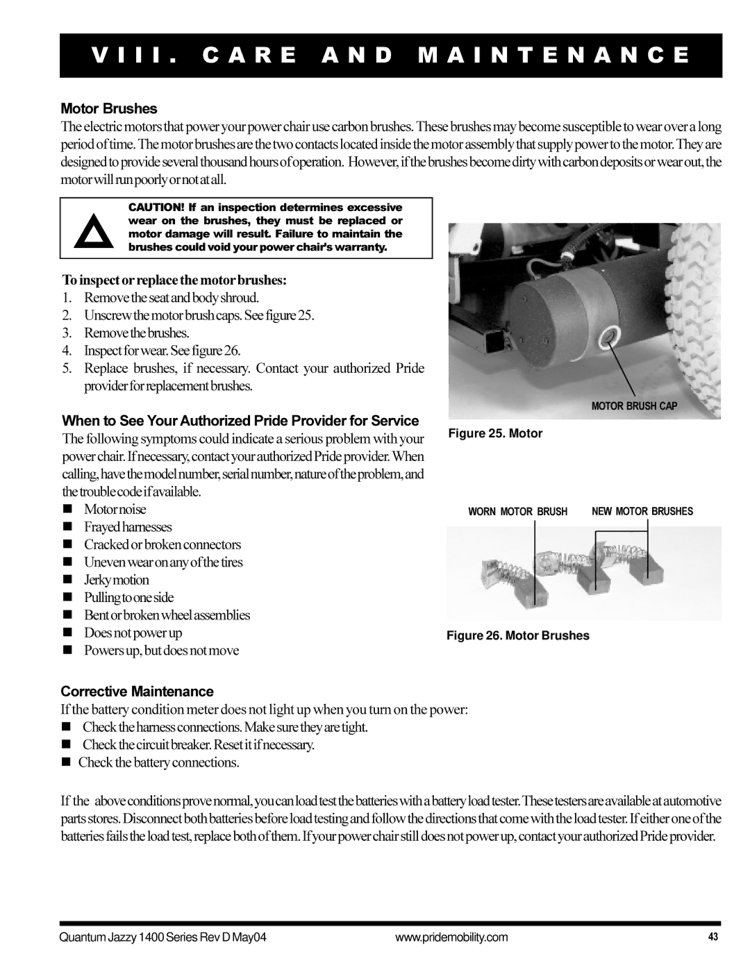 Pride Mobility 1420 manual Motor Brushes, To inspect orreplace the motorbrushes, Corrective Maintenance 