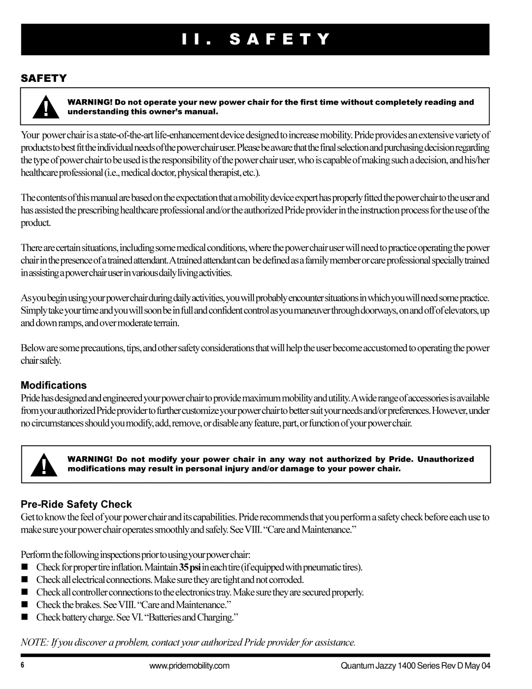 Pride Mobility 1420 manual S a F E T Y, Modifications, Pre-Ride Safety Check 