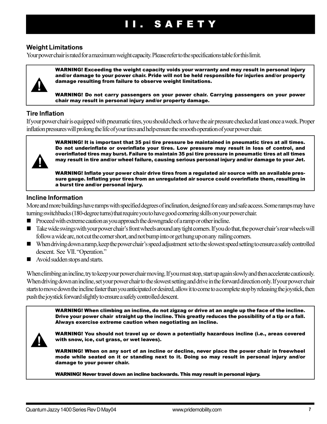 Pride Mobility 1420 manual Weight Limitations, Tire Inflation, Incline Information 