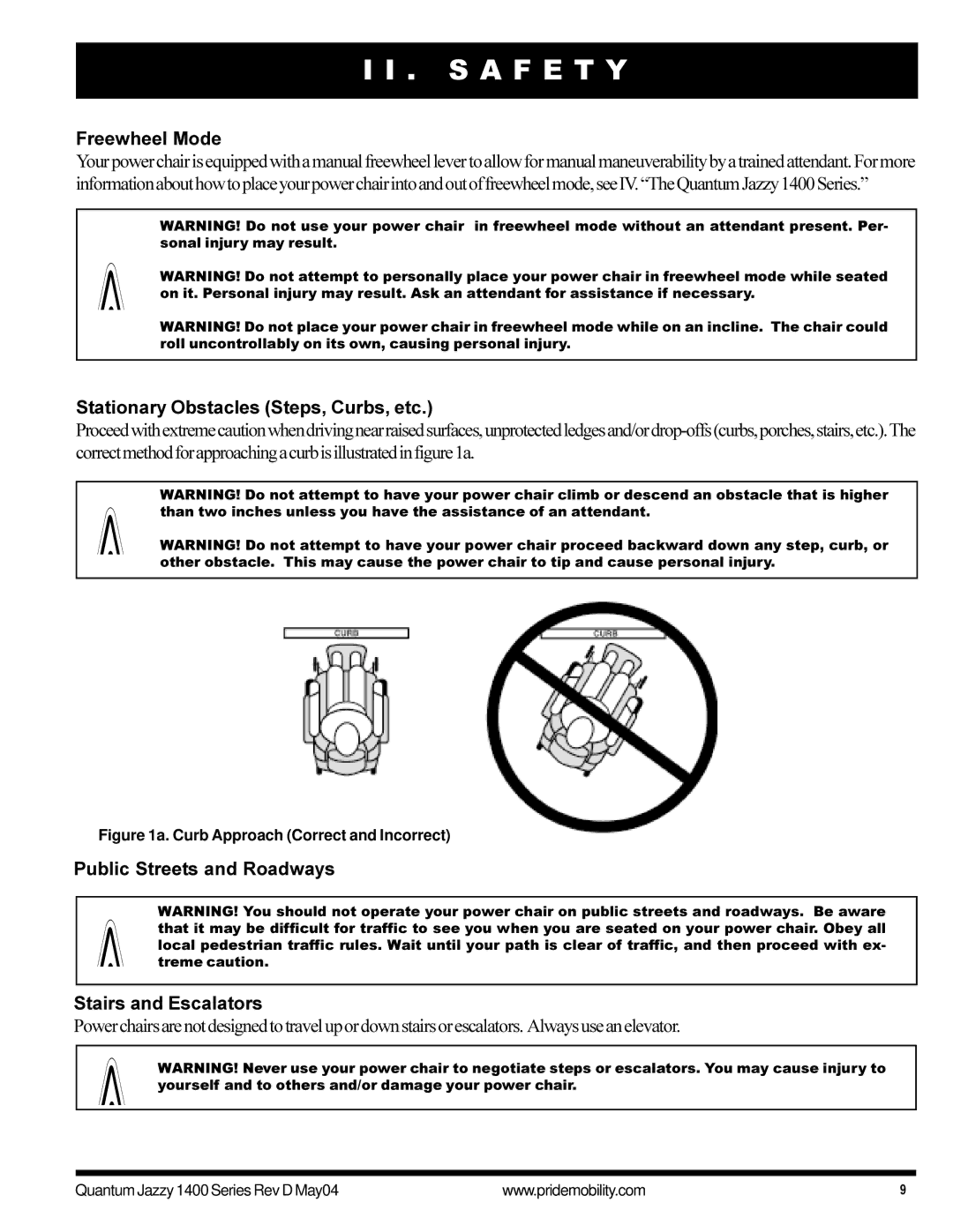 Pride Mobility 1420 manual Freewheel Mode, Stationary Obstacles Steps, Curbs, etc 