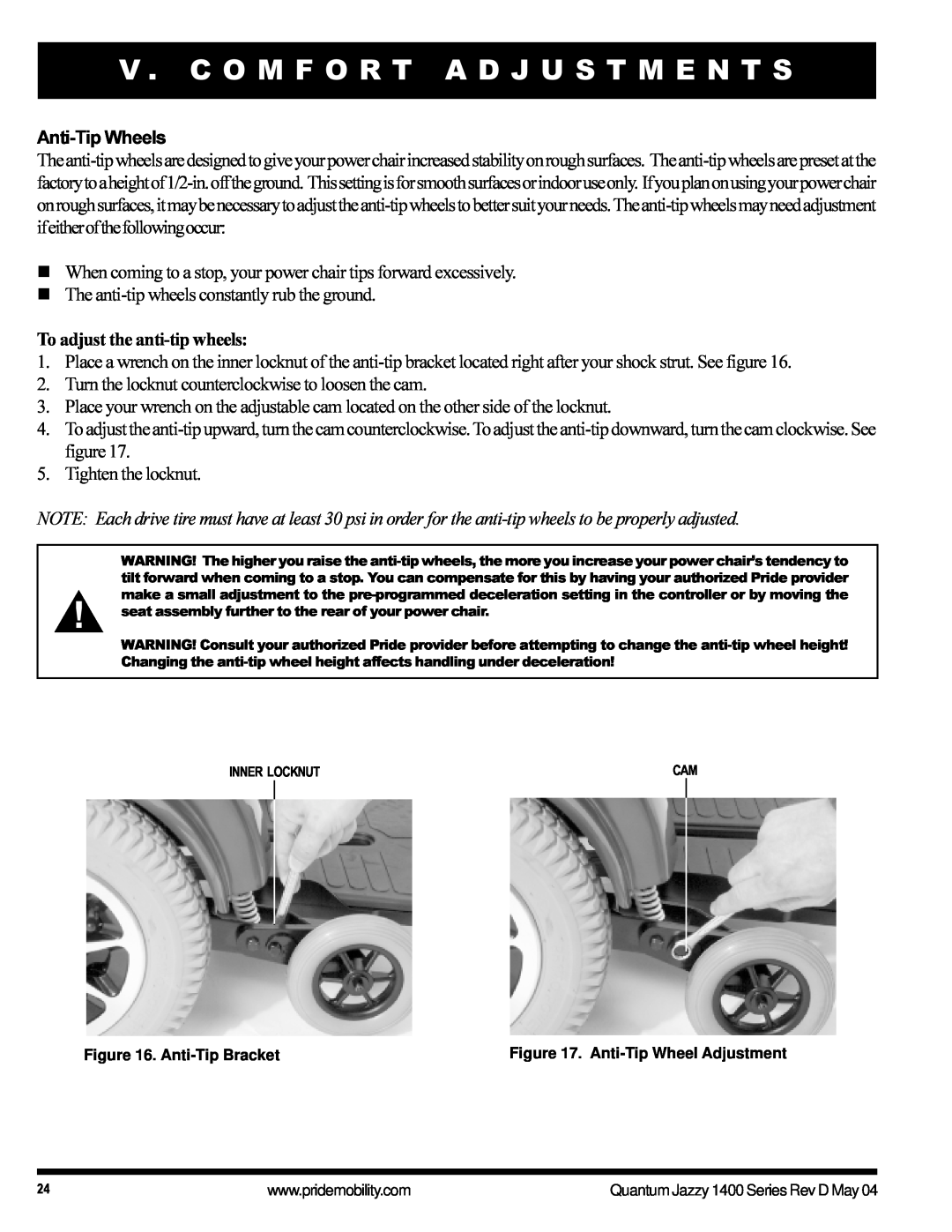 Pride Mobility 1420 manual Anti-Tip Wheels, To adjust the anti-tip wheels, V . C O M F O R T A D J U S T M E N T S 