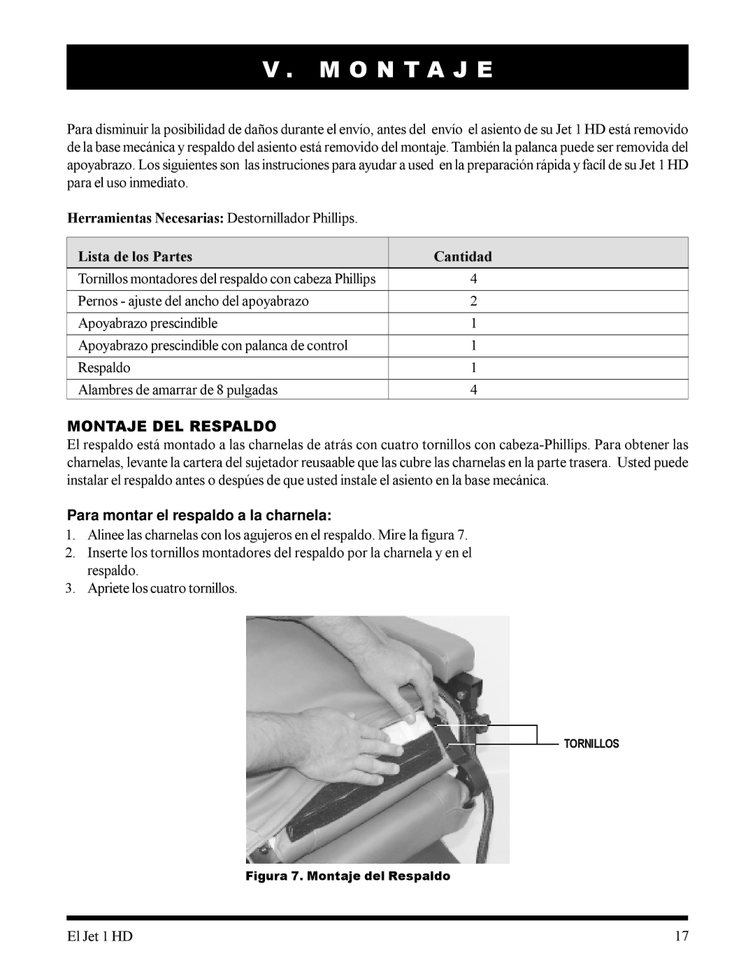 Pride Mobility 1HD manual O N T a J E, Montaje DEL Respaldo, Para montar el respaldo a la charnela 