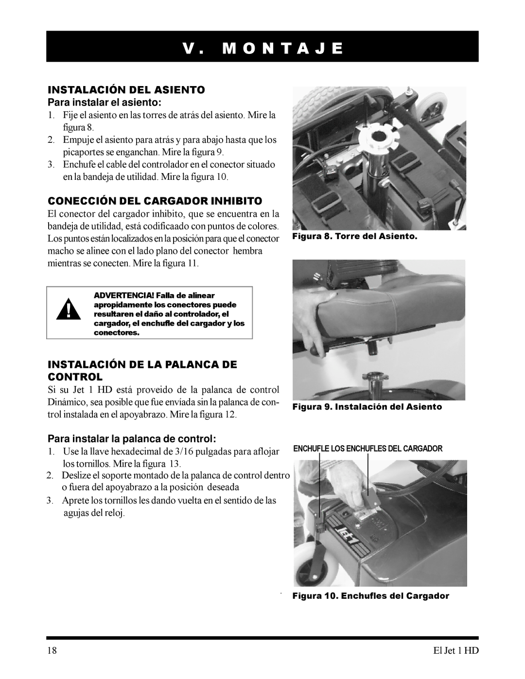 Pride Mobility 1HD manual Instalación DEL Asiento, Para instalar el asiento, Conección DEL Cargador Inhibito 