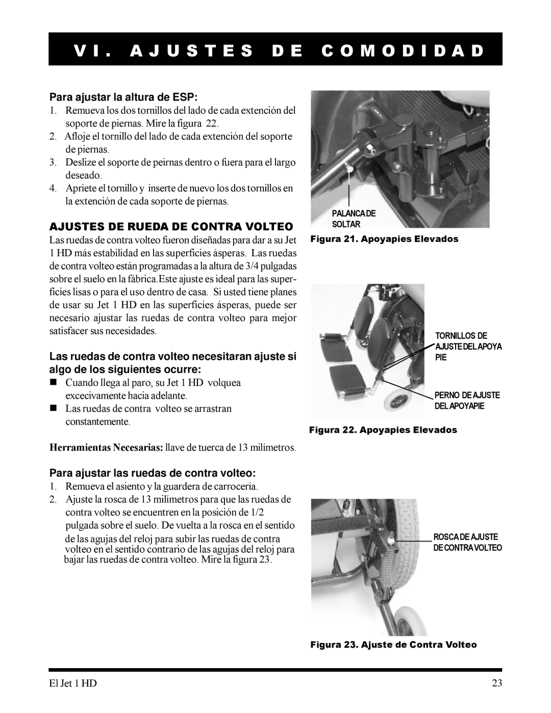 Pride Mobility 1HD manual Para ajustar la altura de ESP, Para ajustar las ruedas de contra volteo 