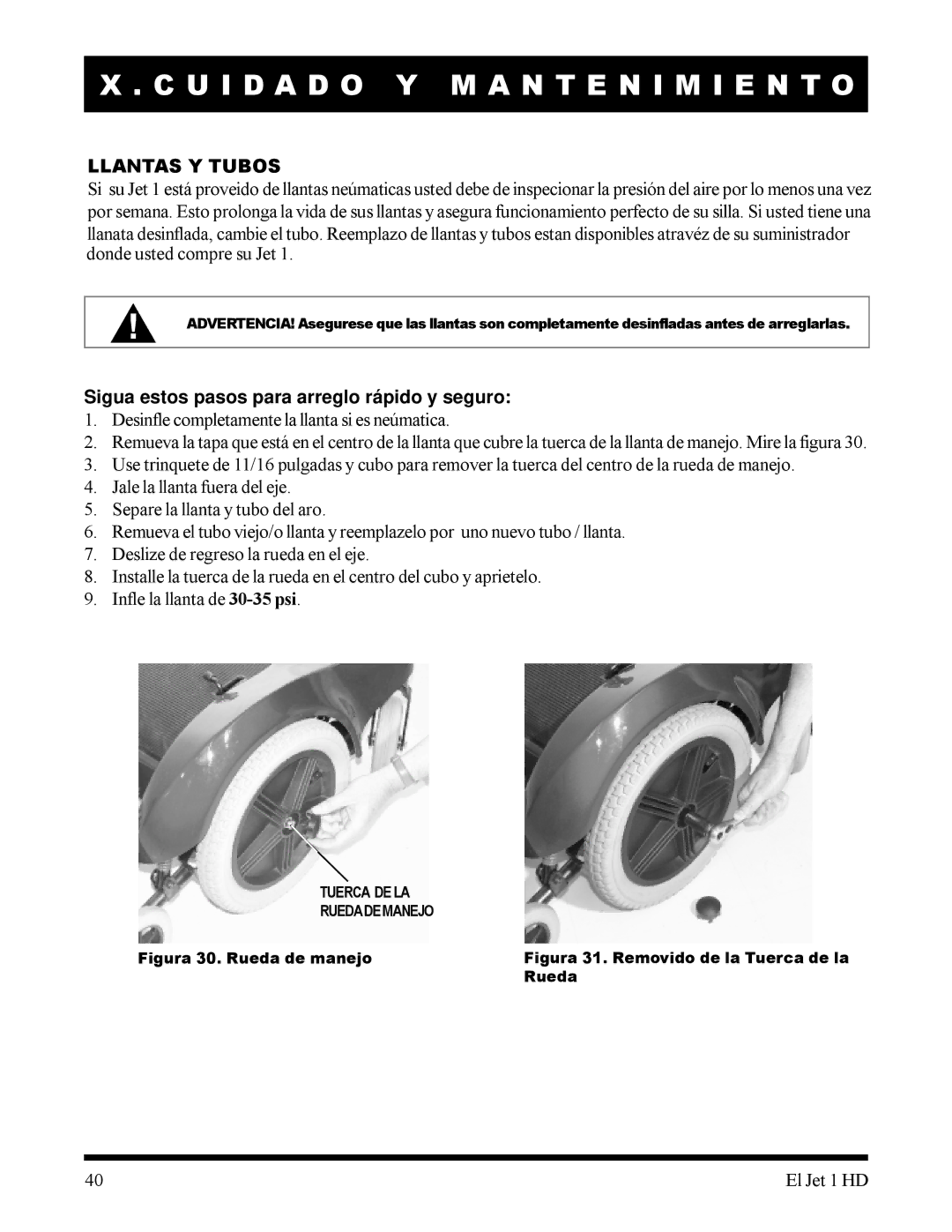 Pride Mobility 1HD manual Llantas Y Tubos, Sigua estos pasos para arreglo rá pido y seguro 