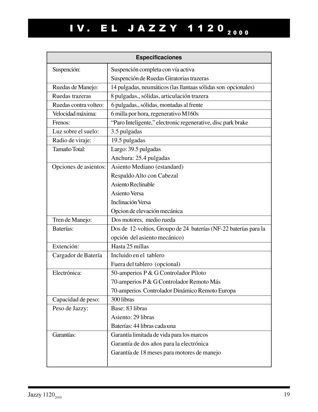 Pride Mobility 2000 manual Especificaciones 