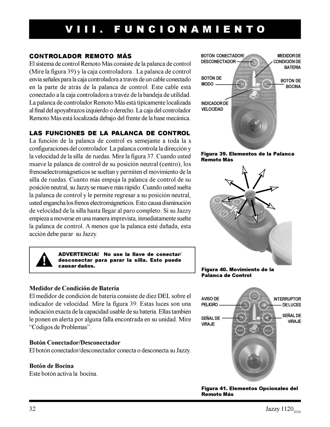 Pride Mobility 2000 manual Medidor de Condición de Batería, Botón Conectador/Desconectador, Botón de Bocina 