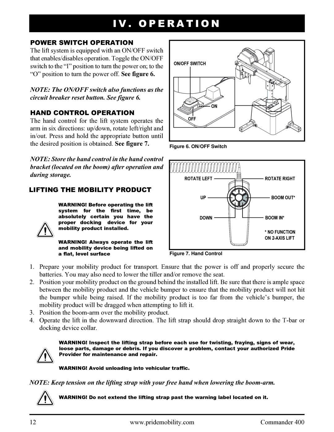 Pride Mobility 400 manual O P E R a T I O N, Power Switch Operation, Hand Control Operation, Lifting the Mobility Product 