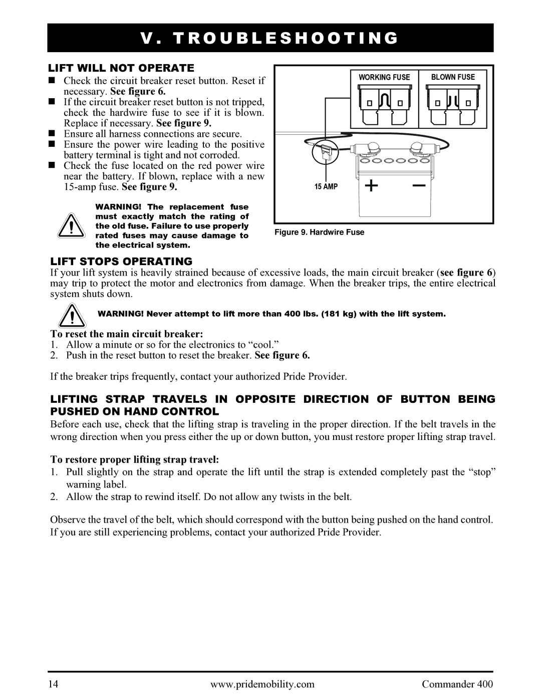 Pride Mobility 400 manual Troubleshooting, Lift will not Operate, Lift Stops Operating, To reset the main circuit breaker 