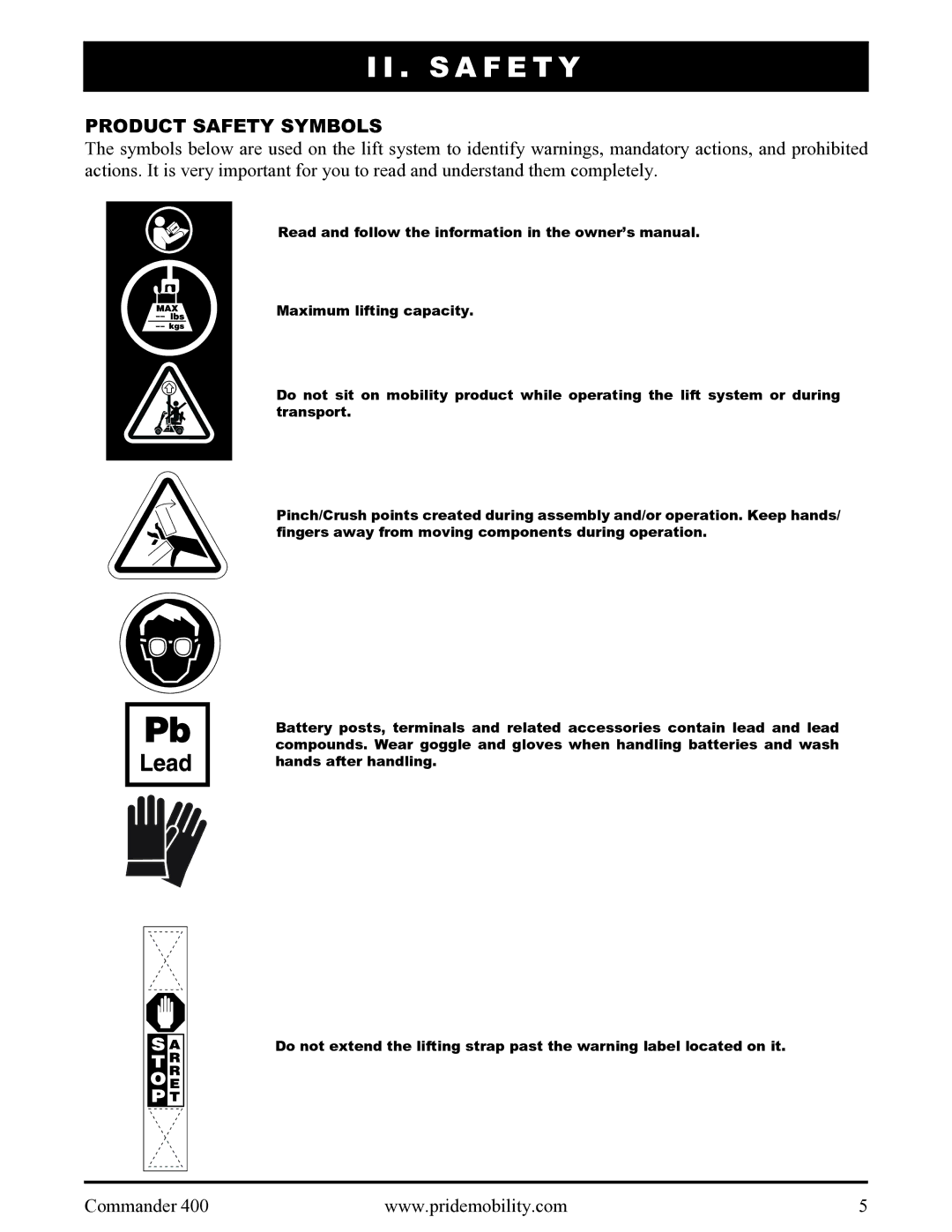 Pride Mobility 400 manual S a F E T Y, Product Safety Symbols 