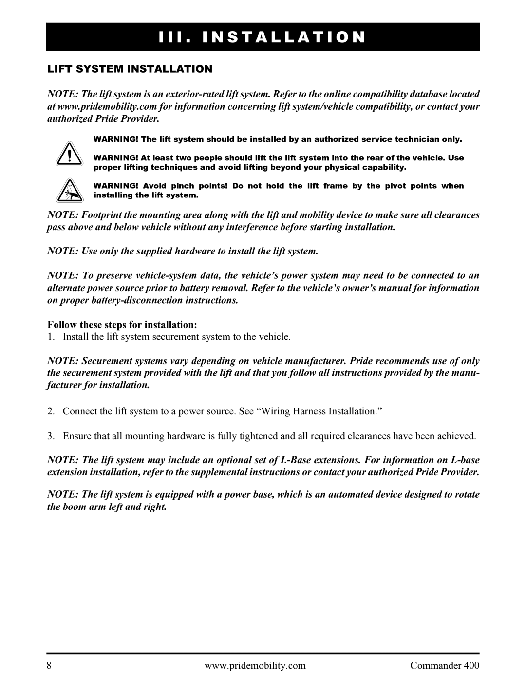 Pride Mobility 400 manual I . Installation, Lift System Installation, Follow these steps for installation 