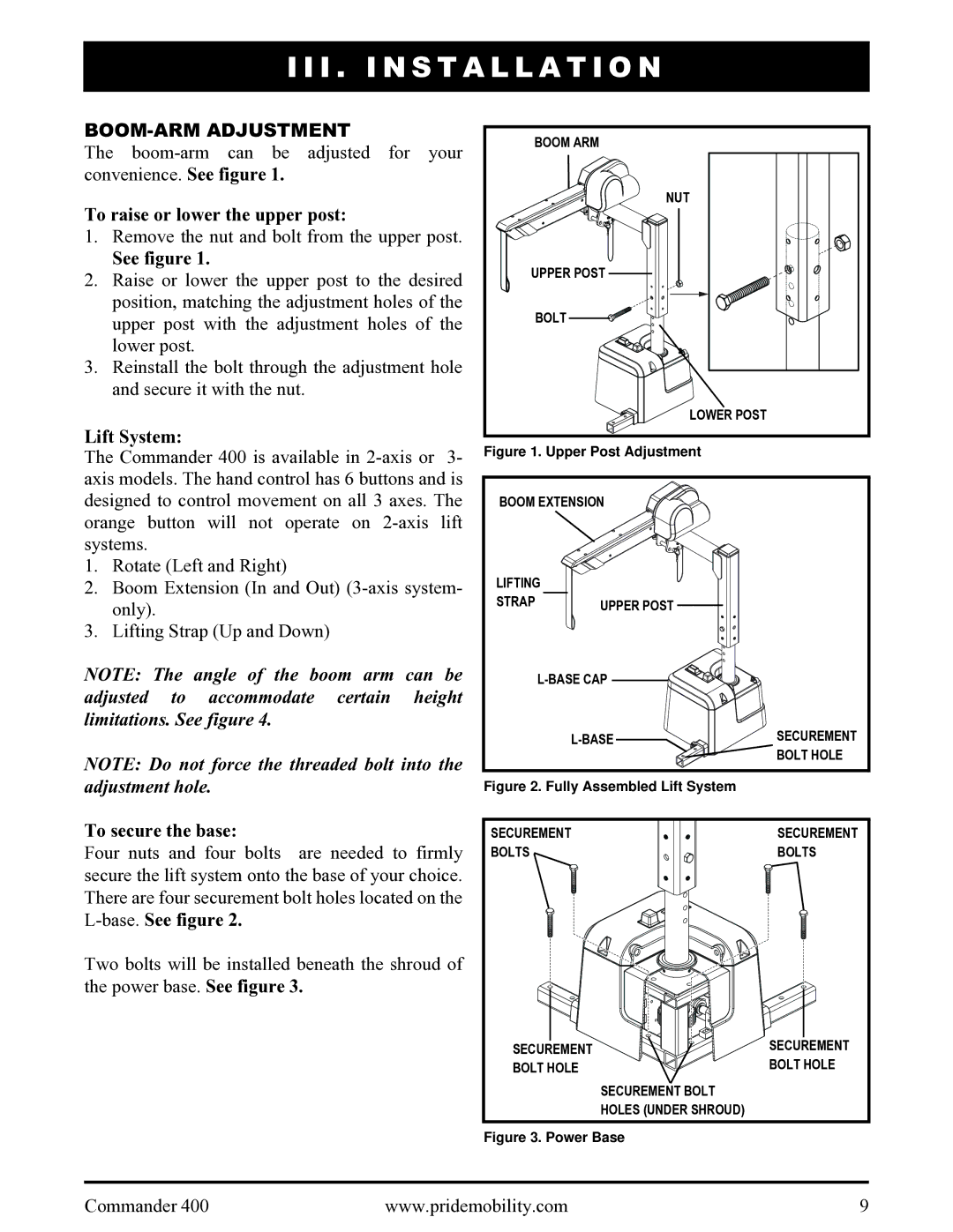 Pride Mobility 400 BOOM-ARM Adjustment, To raise or lower the upper post, See figure, Lift System, To secure the base 