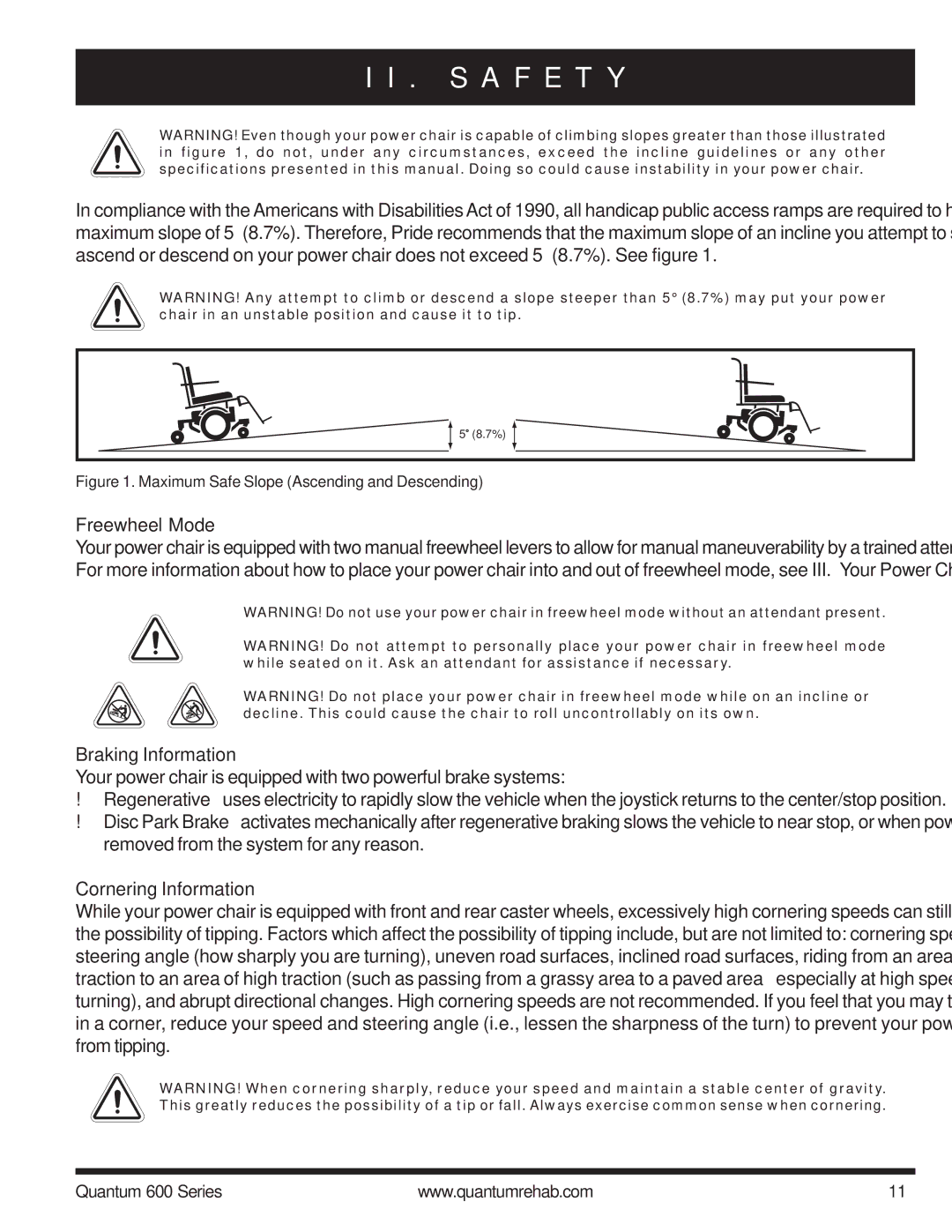 Pride Mobility 600 SP manual Freewheel Mode, Braking Information, Cornering Information 