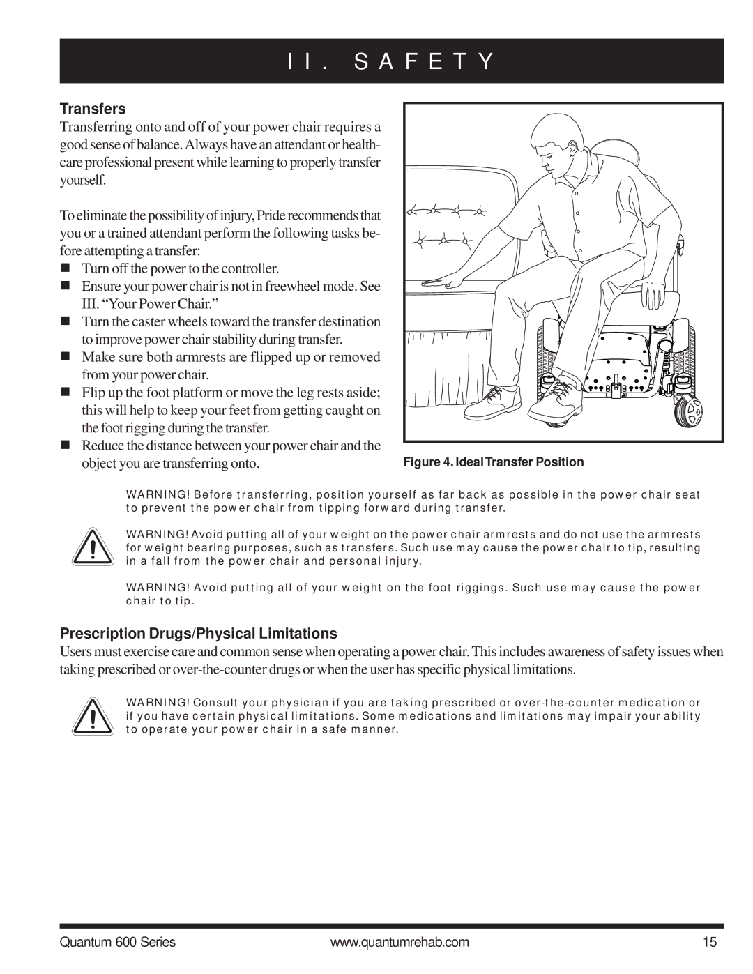 Pride Mobility 600 SP manual Transfers, Prescription Drugs/Physical Limitations 