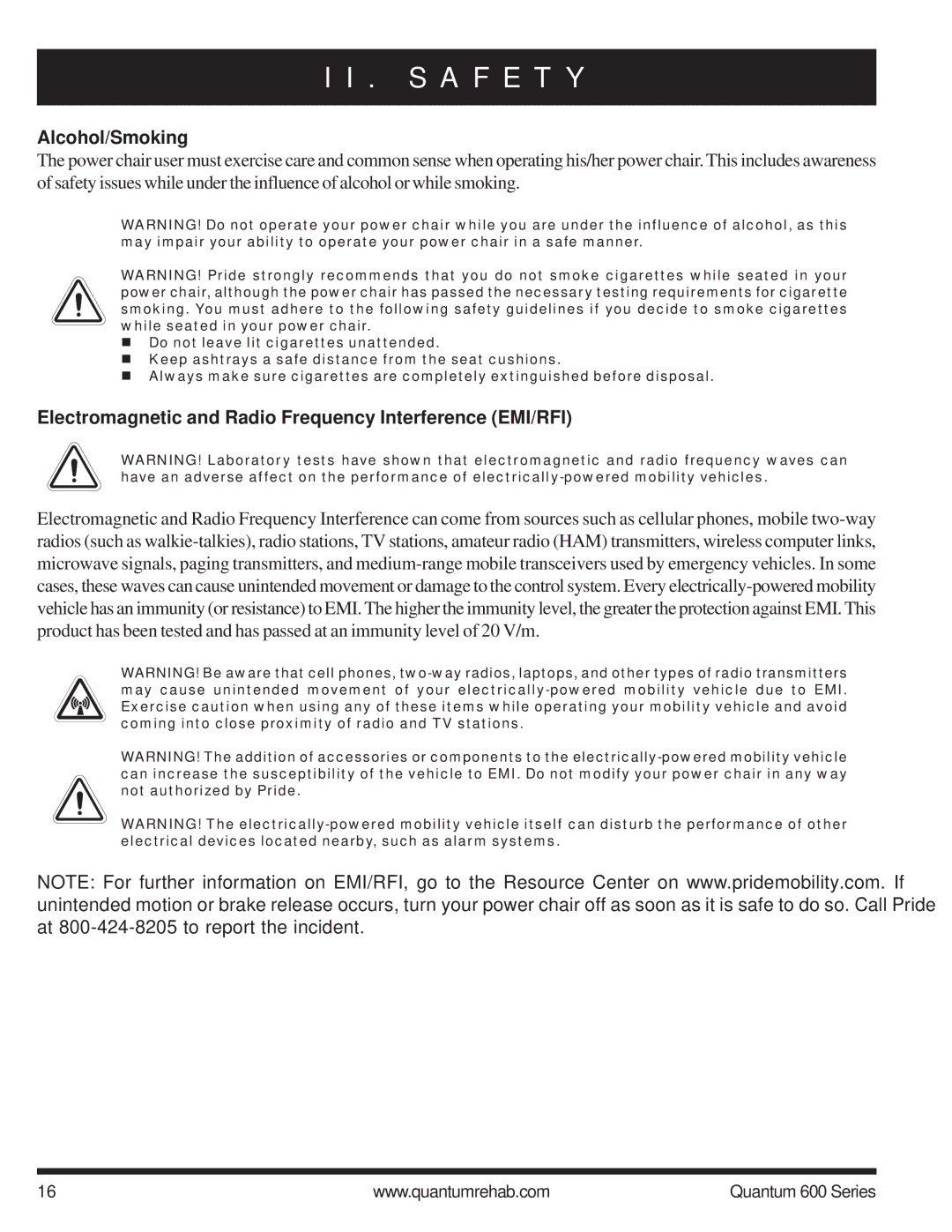 Pride Mobility 600 SP manual Alcohol/Smoking, Electromagnetic and Radio Frequency Interference EMI/RFI 