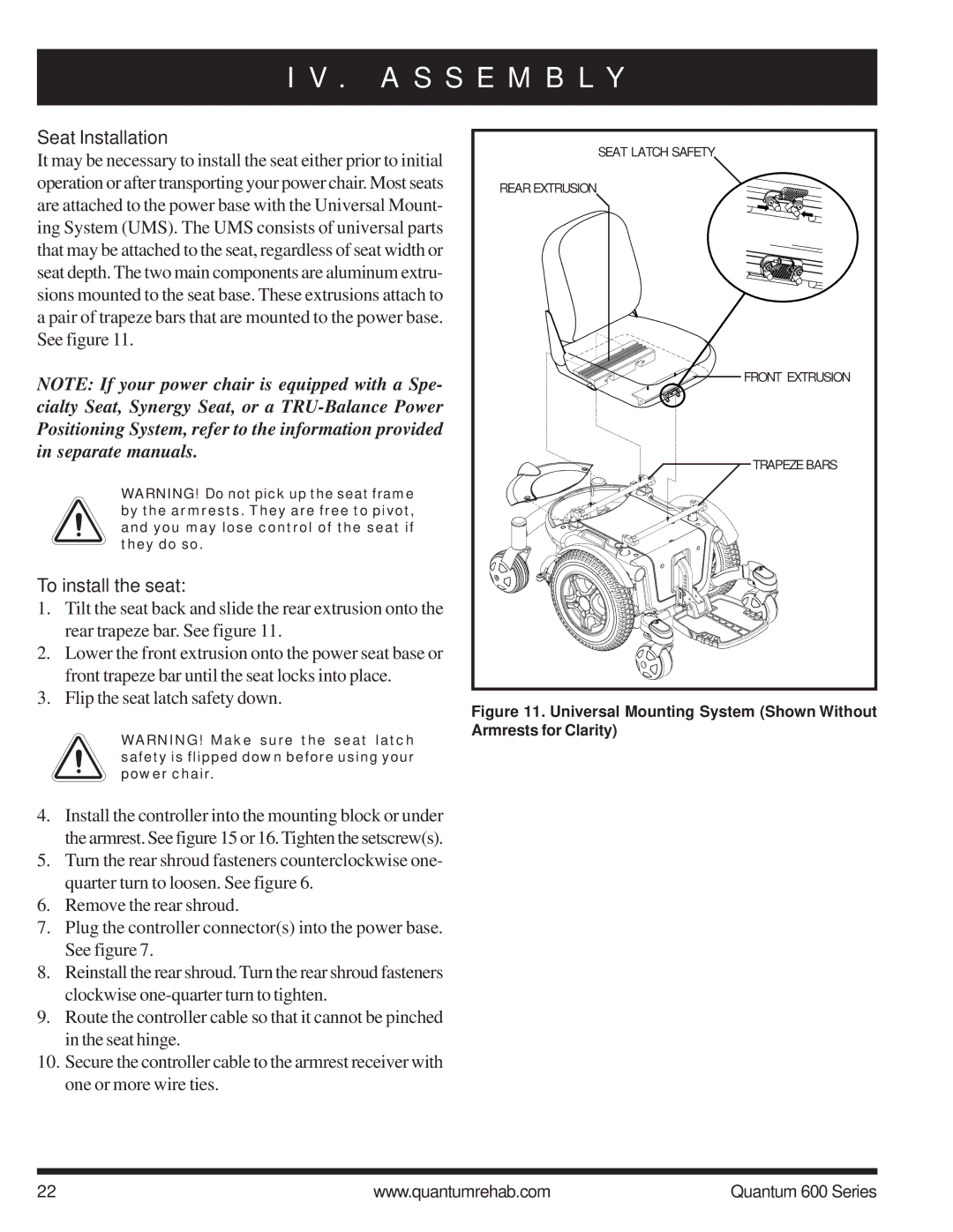 Pride Mobility 600 SP manual Seat Installation, To install the seat 