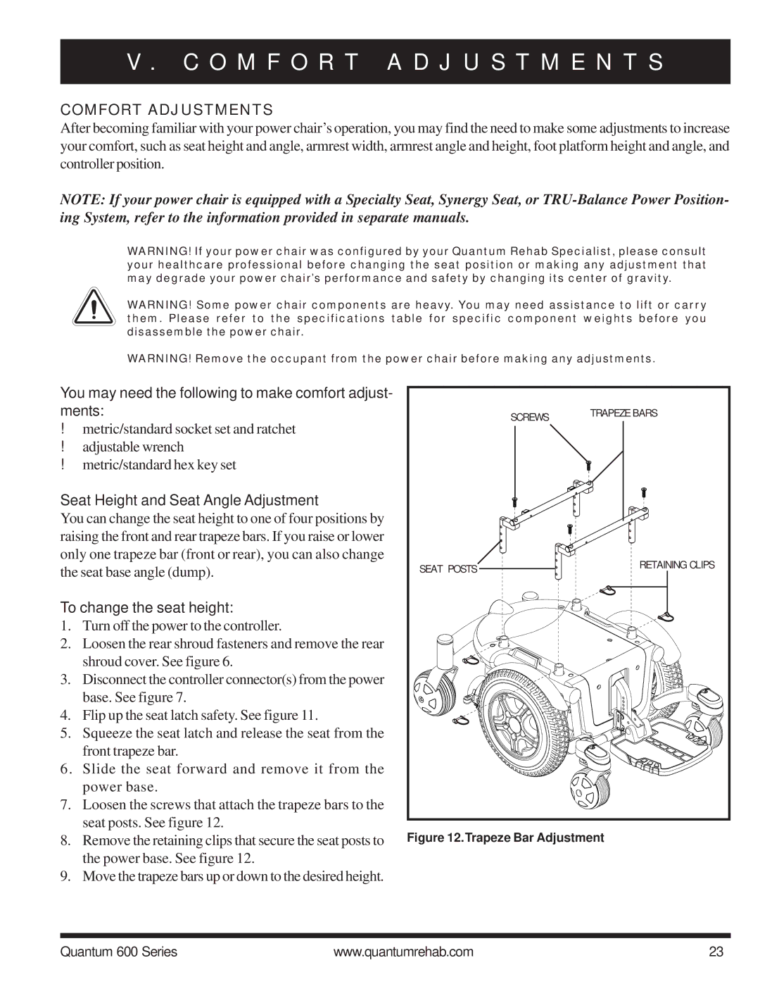 Pride Mobility 600 SP manual O M F O R T a D J U S T M E N T S, Comfort Adjustments, Seat Height and Seat Angle Adjustment 