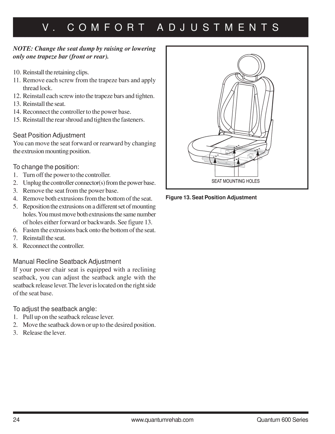 Pride Mobility 600 SP manual Seat Position Adjustment, To change the position, Manual Recline Seatback Adjustment 