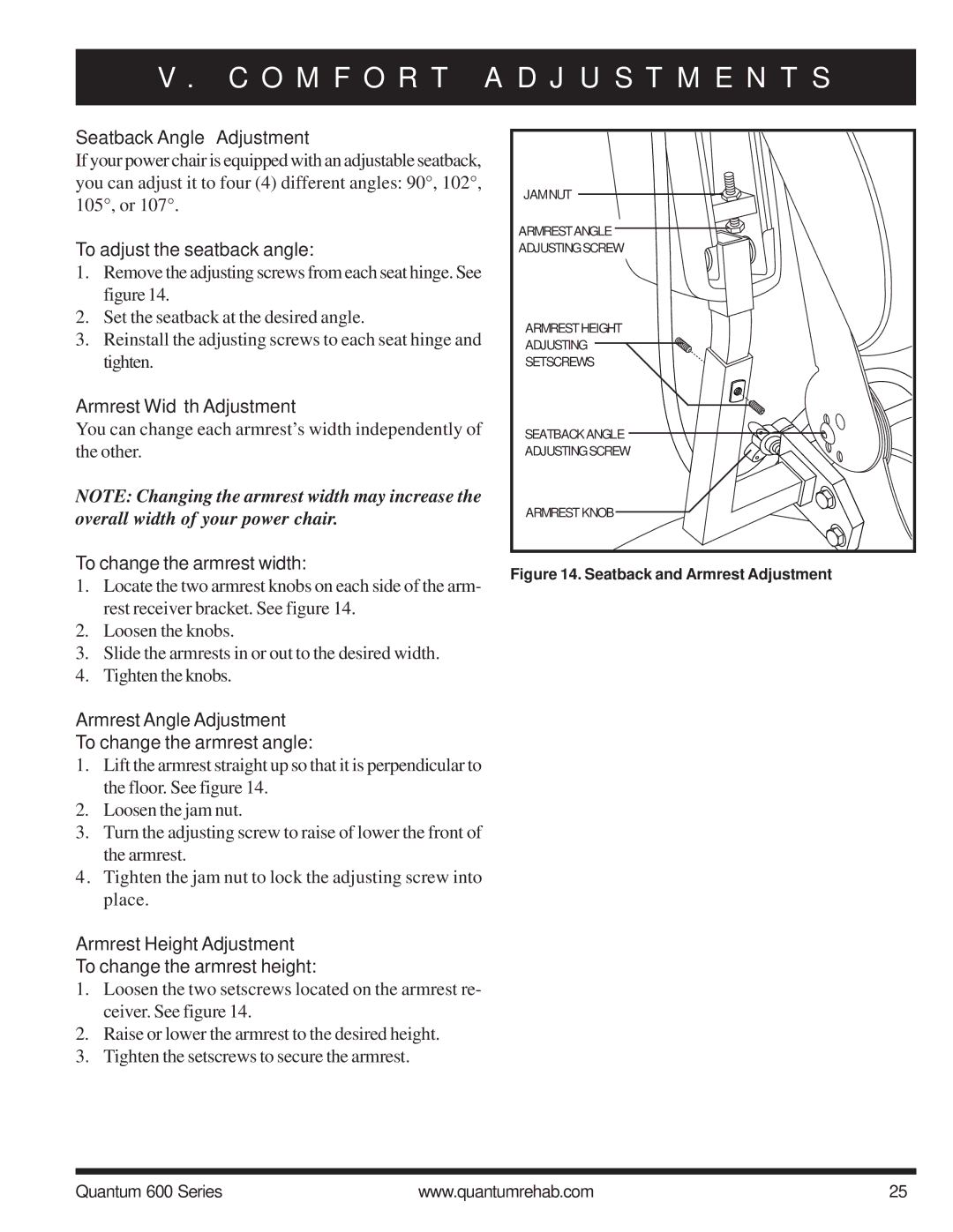 Pride Mobility 600 SP manual Seatback Angle Adjustment, Armrest Width Adjustment, Armrest Angle Adjustment 