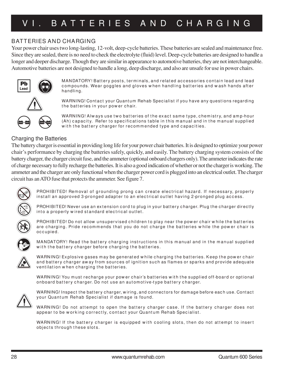 Pride Mobility 600 SP manual B a T T E R I E S a N D C H a R G I N G, Batteries and Charging, Charging the Batteries 