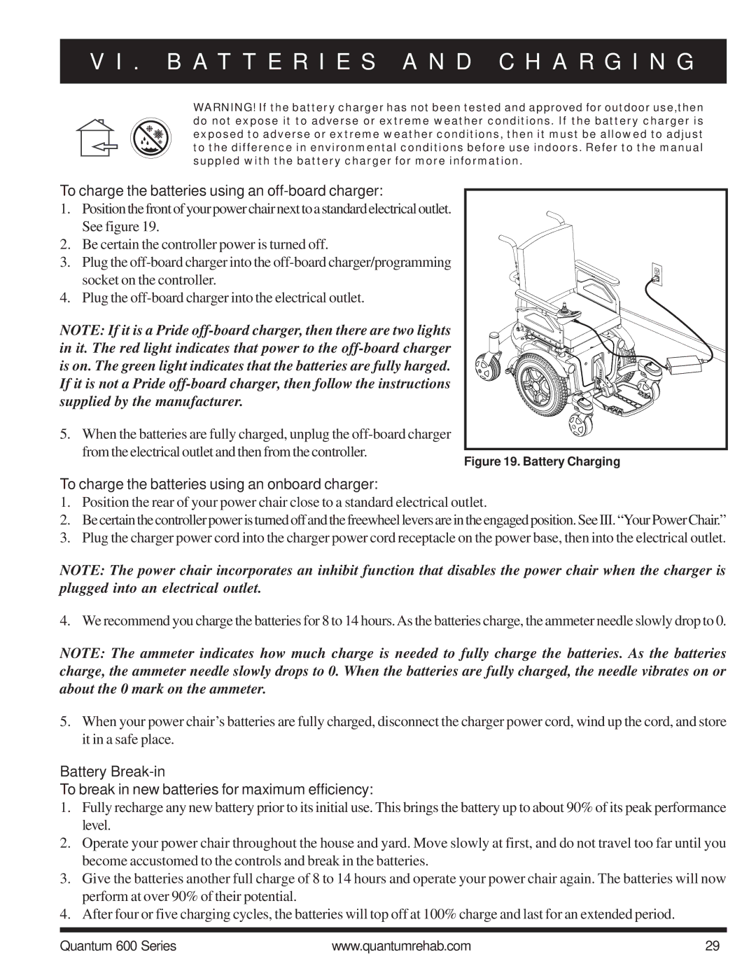 Pride Mobility 600 SP To charge the batteries using an off-board charger, To charge the batteries using an onboard charger 