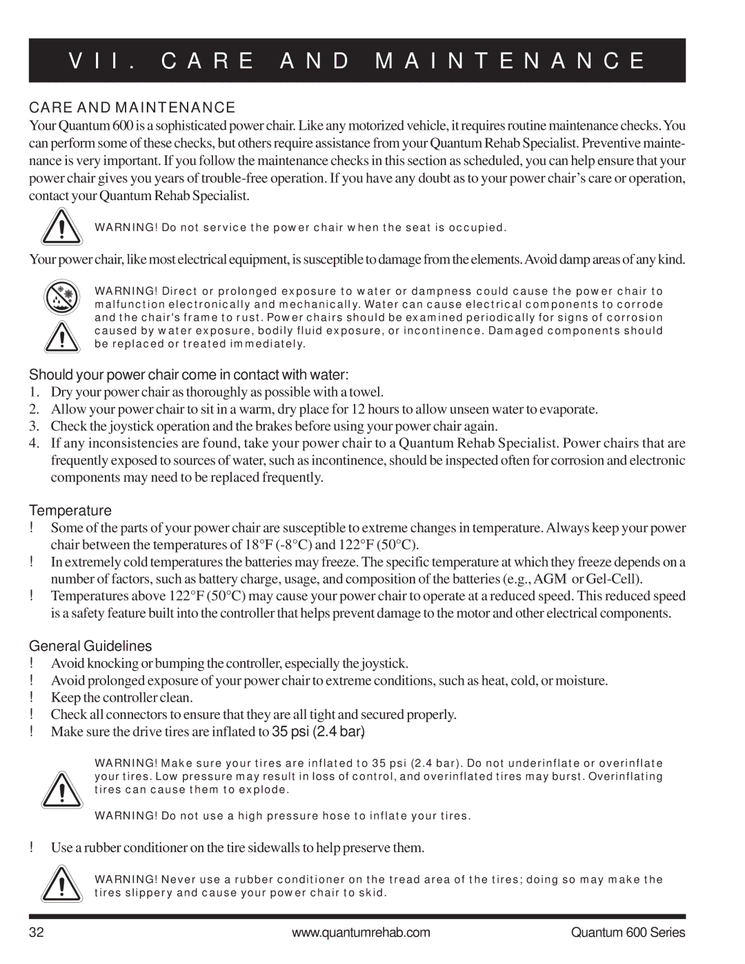 Pride Mobility 600 SP manual I . C a R E a N D M a I N T E N a N C E, Care and Maintenance, Temperature, General Guidelines 